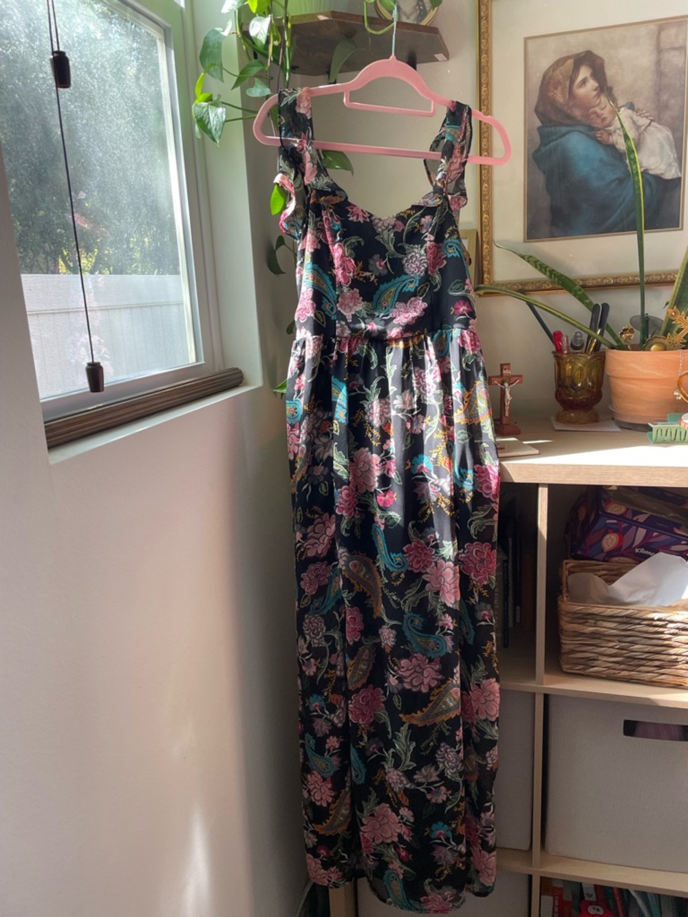 Xhilaration Floral Midi Dress Black Boho Smocked Waist Flowy Adjustable Straps